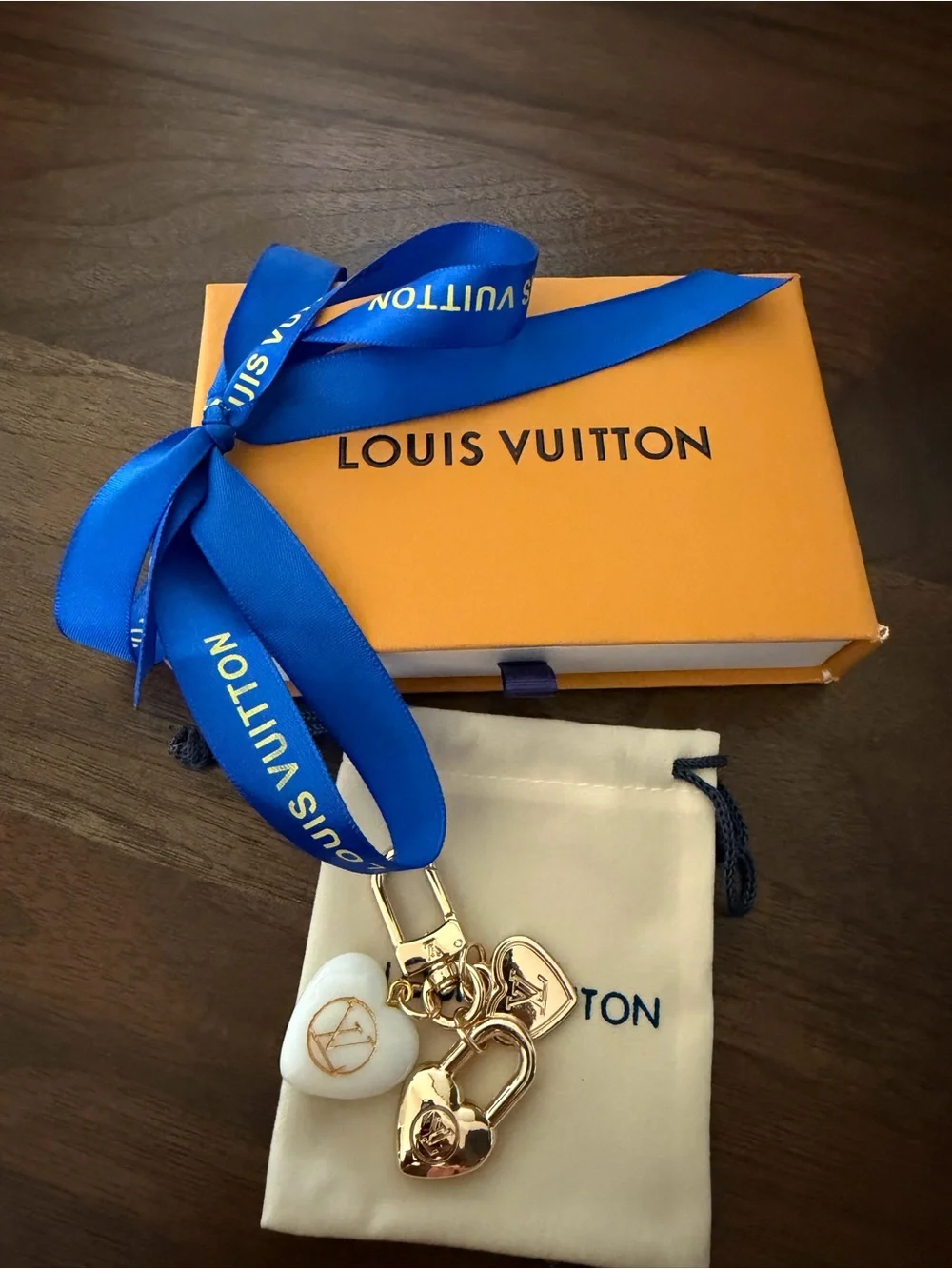 LV Gold-Tone Heart Key & Card Holder with White Logo Charm